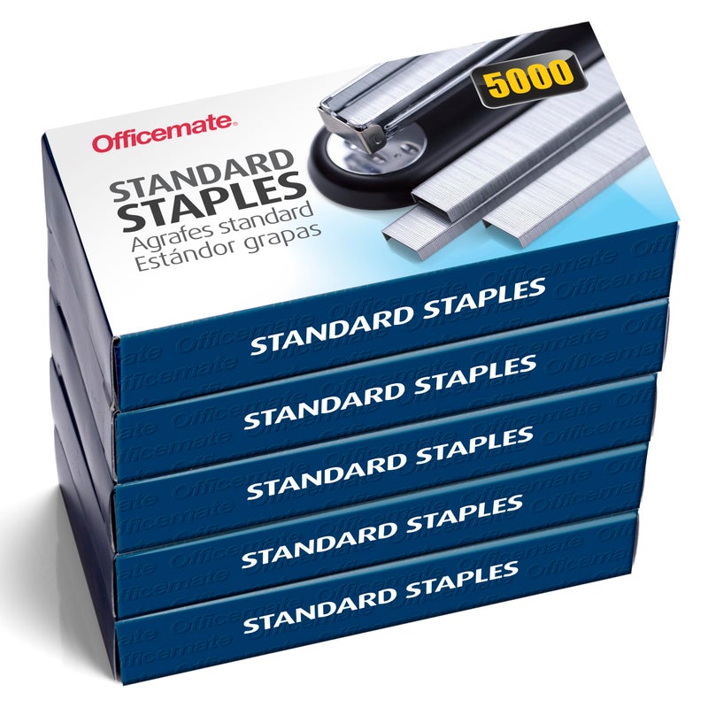 Officemate Standard Staples, 5 Boxes of 5,000 (25,000 Total), 1/4â€³ Full-Strip General Purpose Staples, Fits Standard Desktop and Office Staplers, 20-Sheet Capacity - Image 1